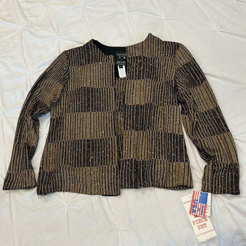 NWT XSCAPE Women's Gold & Black Tank Top and Open Front Cardigan Set Size Large